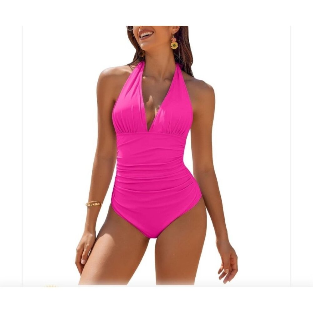 Aimage Womens XL Hot Pink Halter One-Piece Swimsuit Sexy Beach Ruched